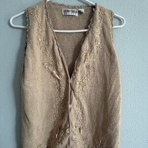 Extra Touch Petites Embroidered Knit Vest Beige Ramie Cotton Petite Small Boho